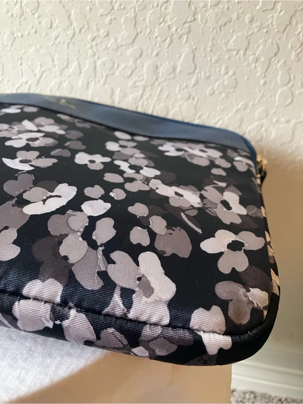 Kate Spade: Blue Leather Floral Laptop Sleeve- Padded- Gold Tone